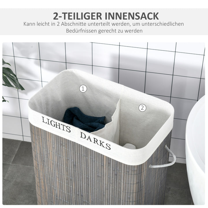 100L vasketøjskurv med 3 håndtag, med vaskbar vasketøjspose, bambus, polyester, bomuld, metal, 52 x 32 x 63 cm, grå