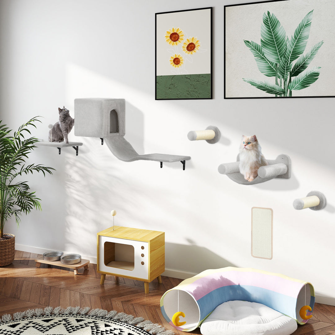 Klatrevæg til katte, 6-delt klatrevægsæt til katte med kattehus, hængekøje, platform og kradsebræt, grå