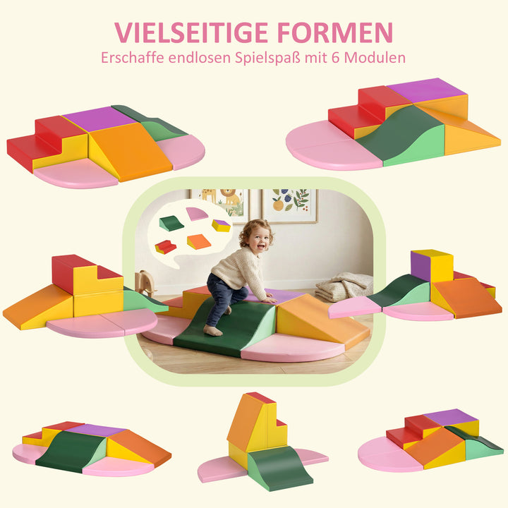 Skumbyggeklodser, sæt med 6 dele. Bløde byggeklodser, modulært børnebyggeklodssæt med kunstlæderlook, velcrolukninger. Store byggeklodser, skumklatreklodser, byggeklodser til børn 1-3 år, farverige.