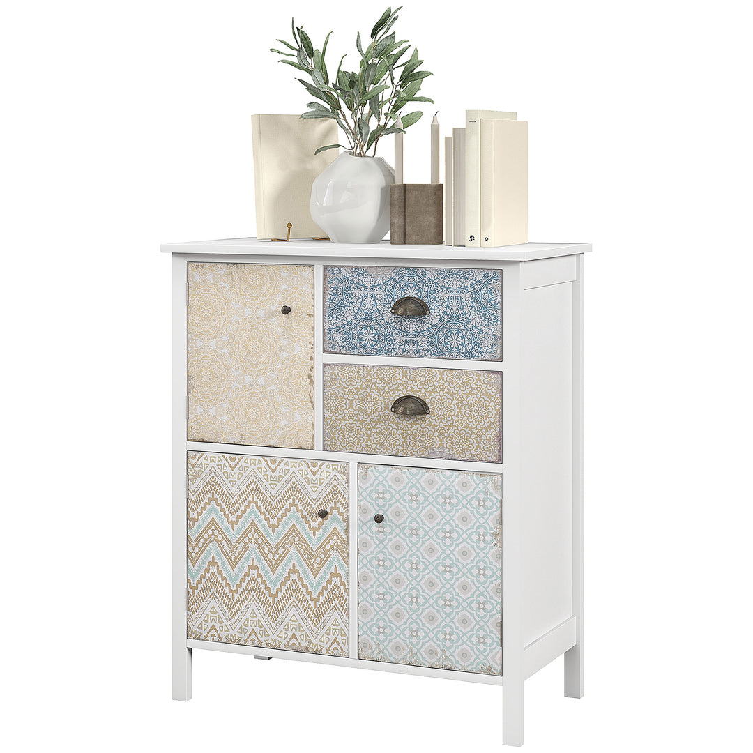 Skænk, shabby chic kommode, 2 skuffer, 3 skabsrum, fyrretræ, 68x34x80cm, hvid