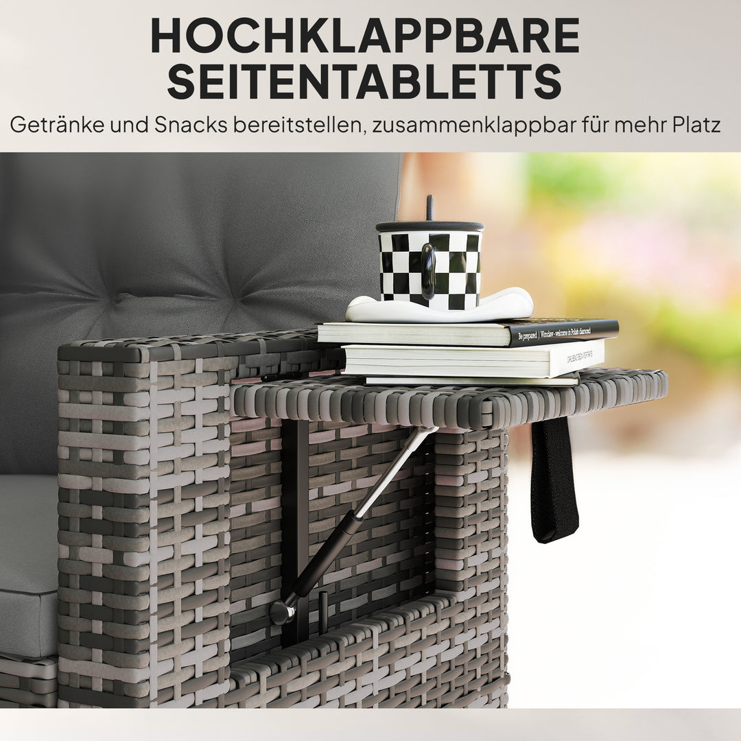 2-personers rattansofa med hynder, foldbare sidebakker, loungesofa, siddegruppe, lysegrå
