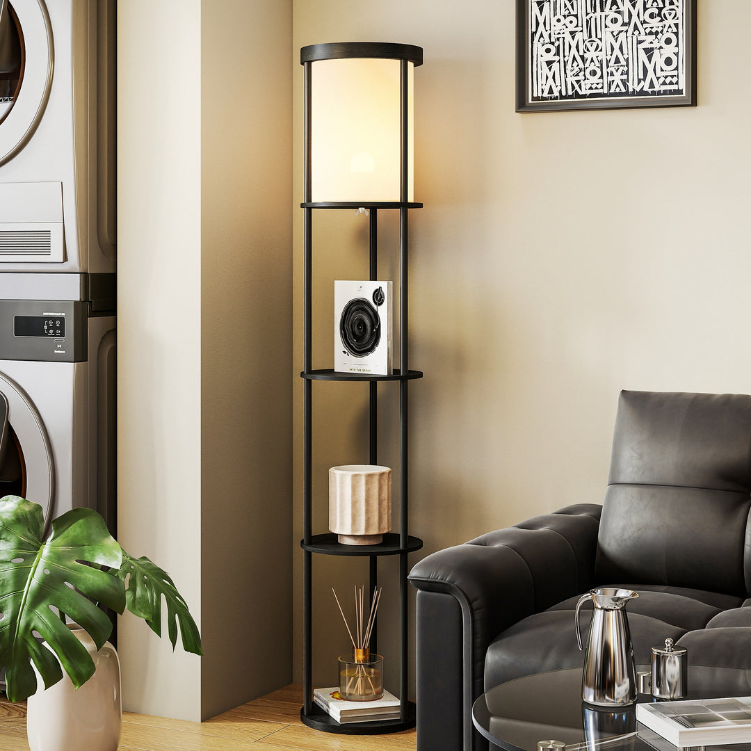 Gulvlampe med 3 hylder, rundt design, fjernbetjening, fodkontakt, justerbar lysvarme, til stue, sort