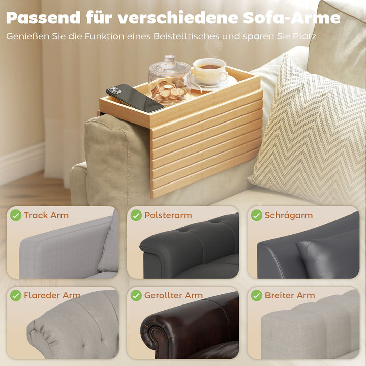 Armlænsbakke til sofaer, til drikkevarer, snacks, fjernbetjening, bambustræ