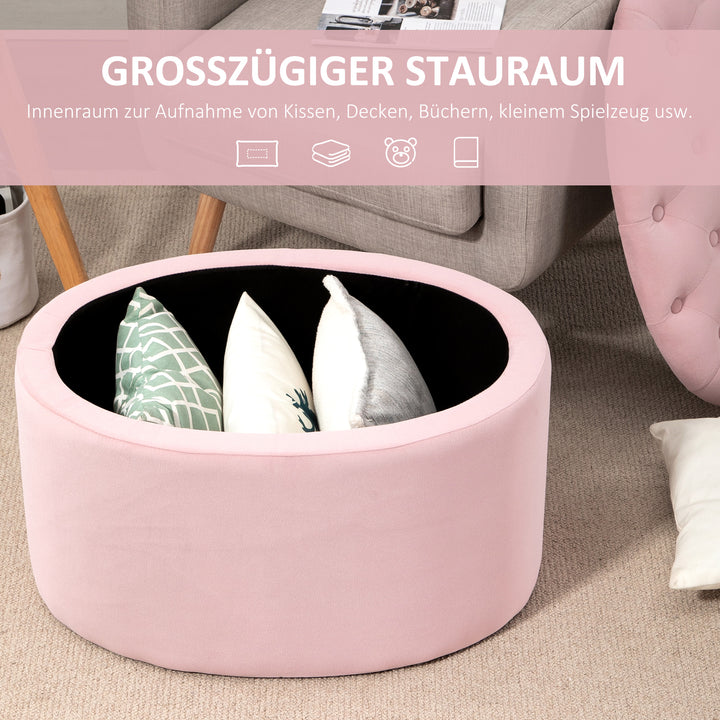 Bænk med opbevaringsplads, polstret bænk med fløjlslook, oval formet kommodebænk til stue, soveværelse, entre, 71 x 52 x 42 cm, lyserød