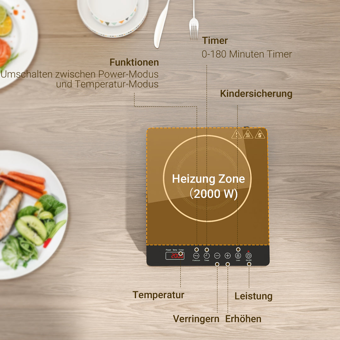 Induktionskogeplade med 10 temperaturniveauer, touchpanel, sort