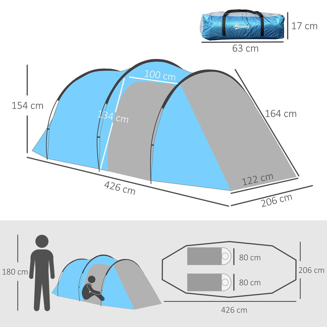 Campingtelt, pop-up-telt til 2-3 personer, forhal og soveområde, vandtæt, 426 x 206 x 154 cm, lyseblå