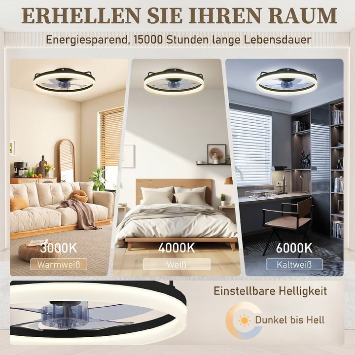 Loftventilator med lys og fjernbetjening, 50 cm LED-loftventilator med 3 farver, 6 hastigheder, timer, dæmpbar