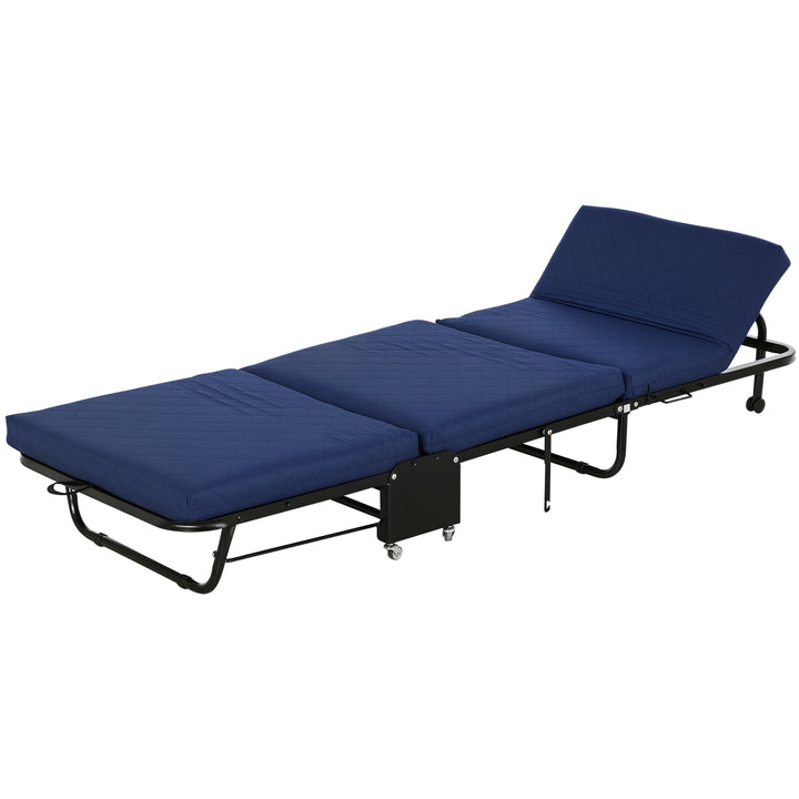 Klapseng 65x184 cm, voksen gæsteseng, foldbar med 6 cm tykt skum, rejseseng med metalramme, feltseng med hjul og højdejusterbar hovedgærde, lasteevne op til 120 kg, blå