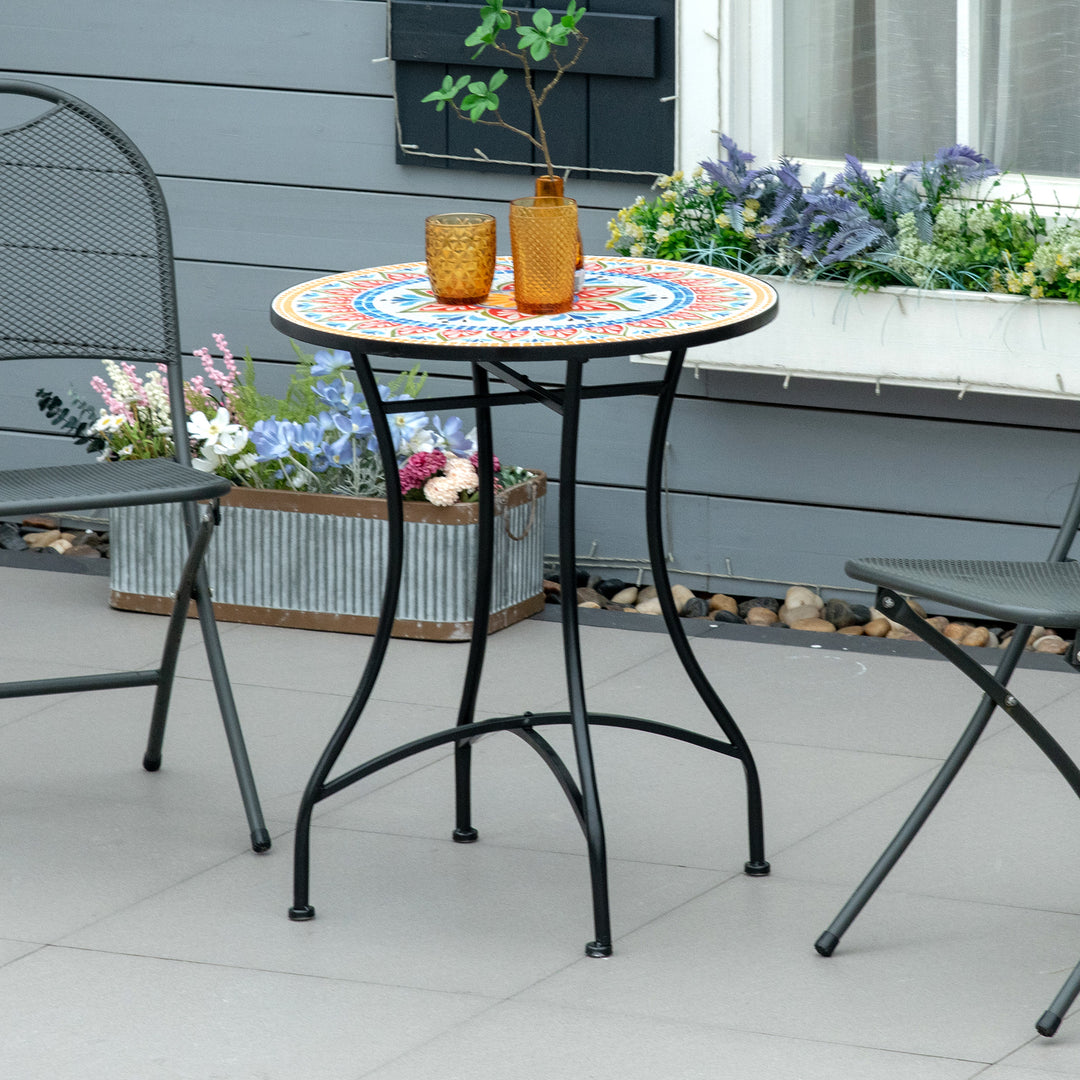 Havebord 60 cm, vejrbestandigt balkonbord af metal, udendørs spisebord, campingbord, sidebord, rundt terrassebord til haven, terrasse, balkon, rød + blå + hvid