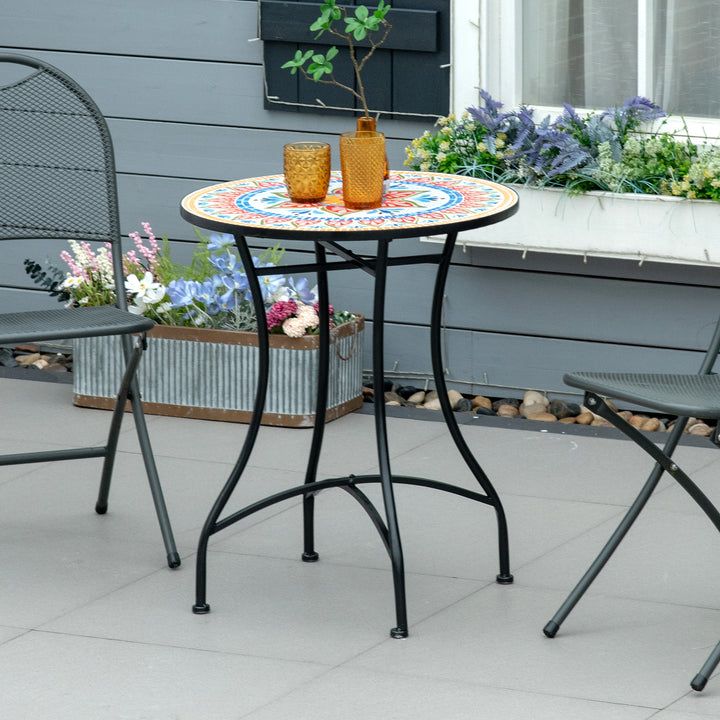 Havebord 60 cm, vejrbestandigt balkonbord af metal, udendørs spisebord, campingbord, sidebord, rundt terrassebord til haven, terrasse, balkon, rød + blå + hvid