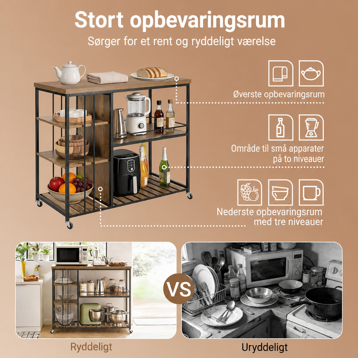 Køkkenvogn med 5 hylder og hjul – industrielt design