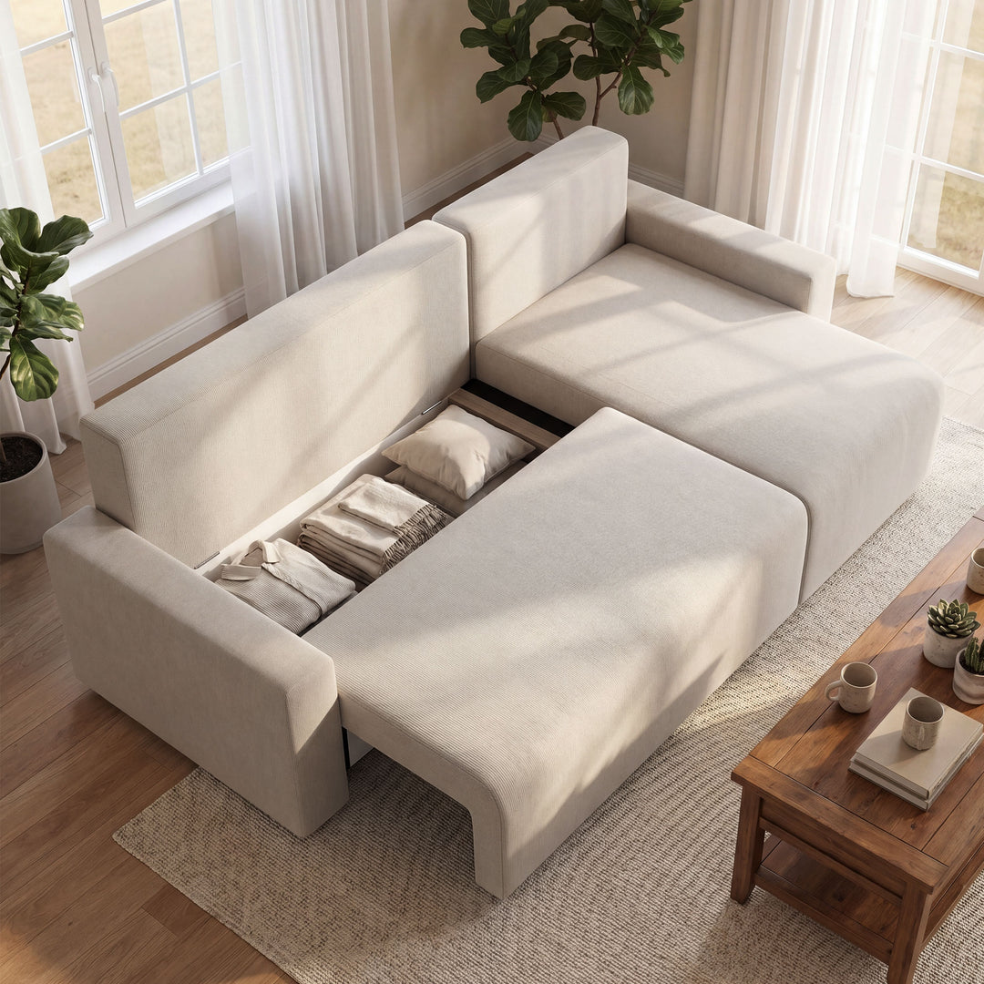 Hjørnesofa med sovefunktion og vendbar chaiselong, L-formet 3-personers sofa med velourbetræk, beige
