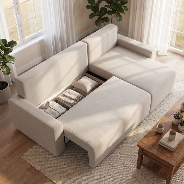 Hjørnesofa med sovefunktion og vendbar chaiselong, L-formet 3-personers sofa med velourbetræk, beige