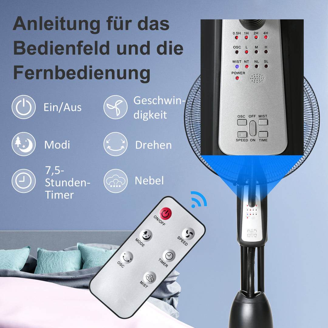 Sokkelventilator/luftfugter med 2,8L tank, 3 tilstande, fjernbetjening, bærbar, sort, Ø44,5 x 120 cm