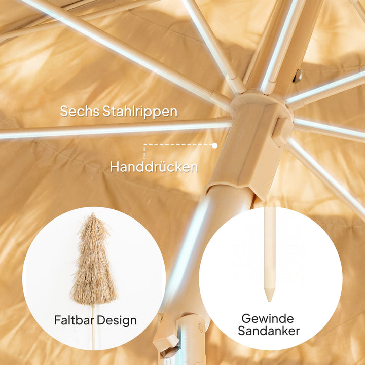 150 cm Hula stråtag Tiki strand- og haveparasol med sandanker, justerbar højde og vippefunktion, stråtagsparasol