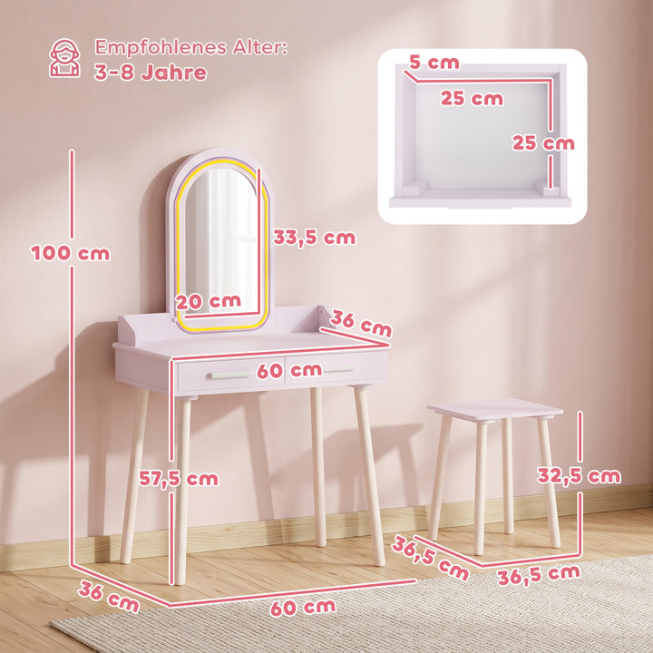 Børne 2-i-1 sminkebordssæt med LED-spejl til piger, pink