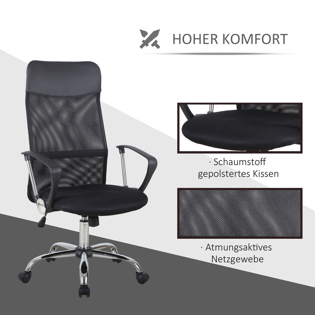 Ergonomisk kontorstol, gamingstol, drejestol med vippefunktion, højdejusterbar skrivebordsstol, skum, net, sort, 63 x 65 x 109-119 cm
