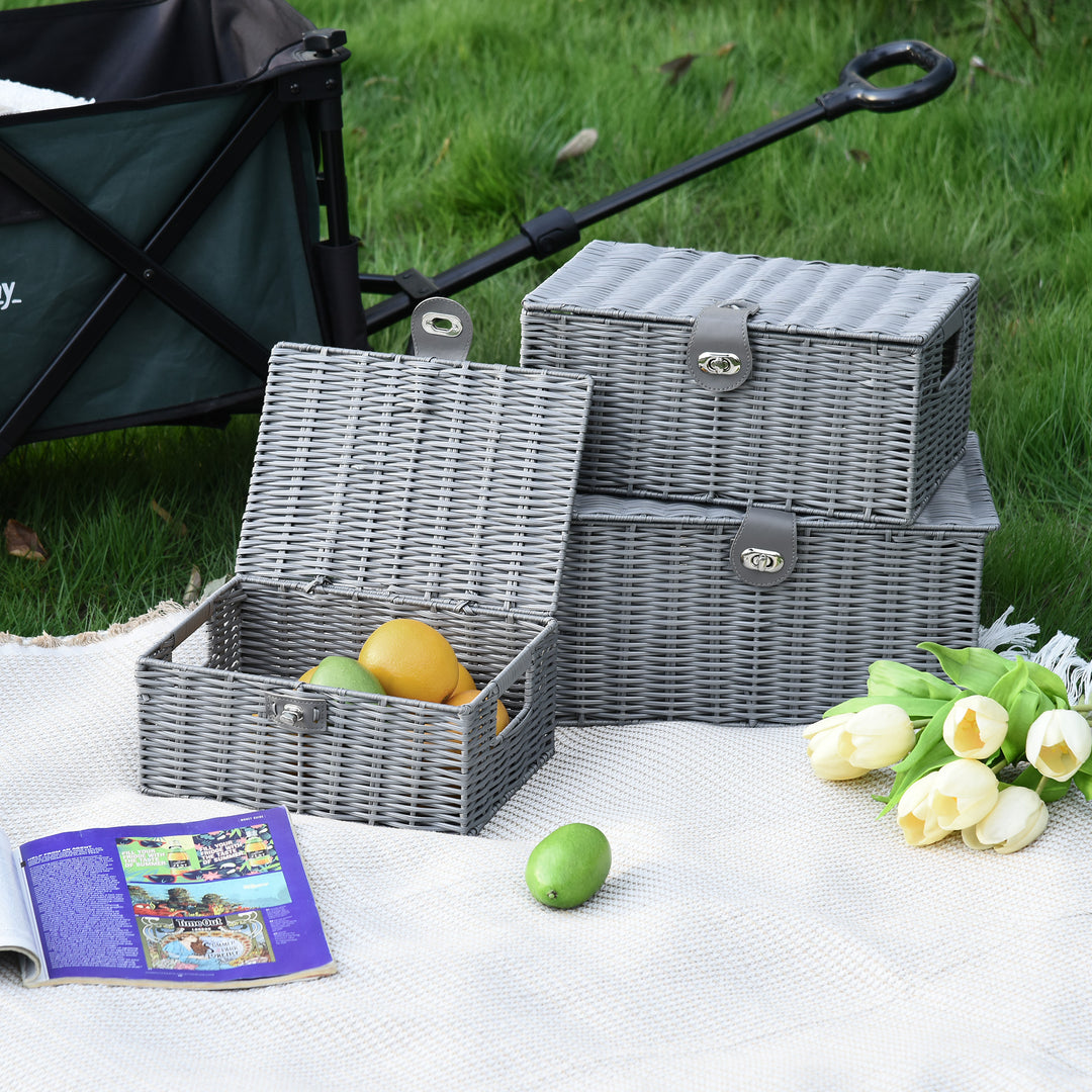 Sæt med 3 opbevaringskurve i pe-rattan med lukning og håndtag, 35,5 cm x 28,5 cm x 18 cm, grå