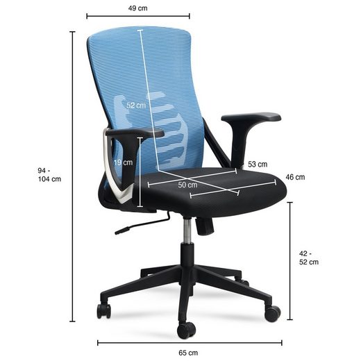 Kontorstol blå/sort netbetræk 120 kg, ergonomisk med armlæn