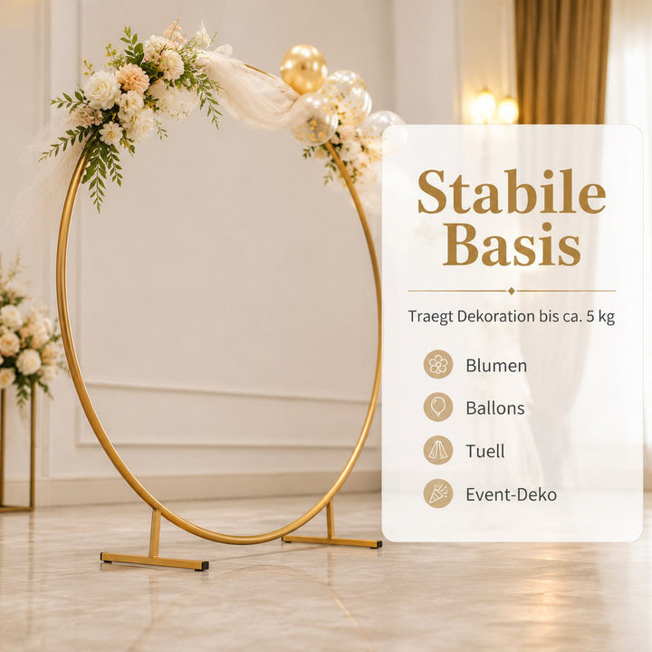 2m rund ballonbue med blomstermønster, guldfod, ramme, bryllup, ny