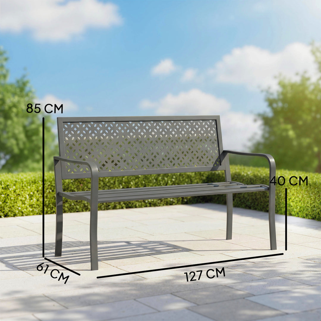 2-personers havebænk i metal, vejrbestandig udendørsbænk med rustbestandigt ryglæn, geometrisk design, understøtter op til 240 kg