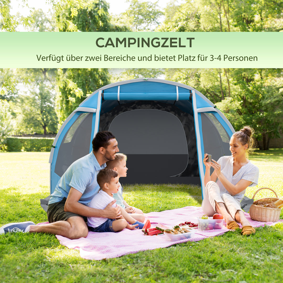Campingtelt, trekkingtelt, vejrbestandigt, 2 rum, 475 x 264 cm bredde x 172 cm højde, blå