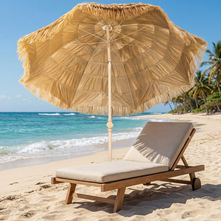 150 cm Hula stråtag Tiki strand- og haveparasol med sandanker, justerbar højde og vippefunktion, stråtagsparasol