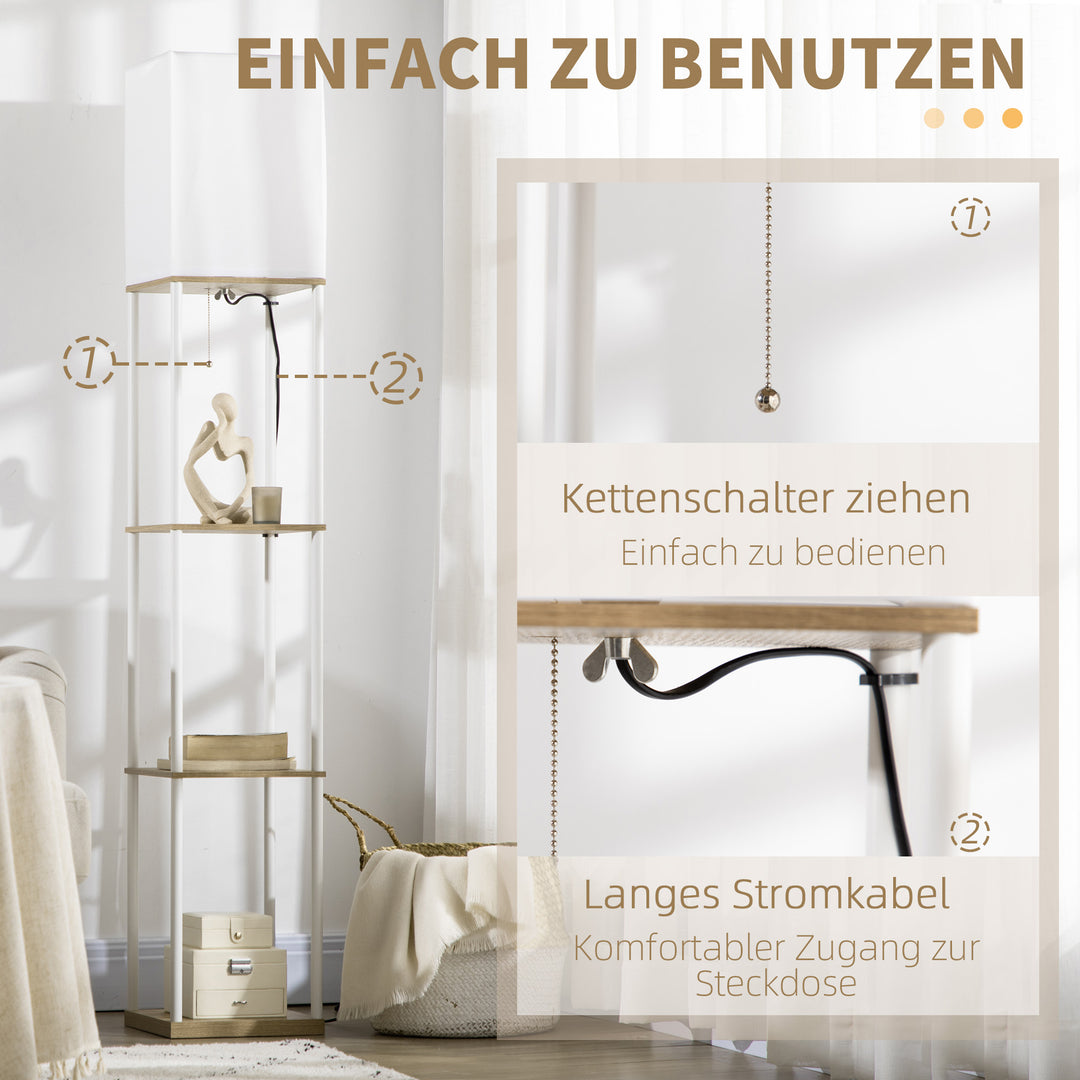 Gulvlampe, loftprojektør, med hylder, metalramme, stofskærm, 26x26x159cm, hvid/brun