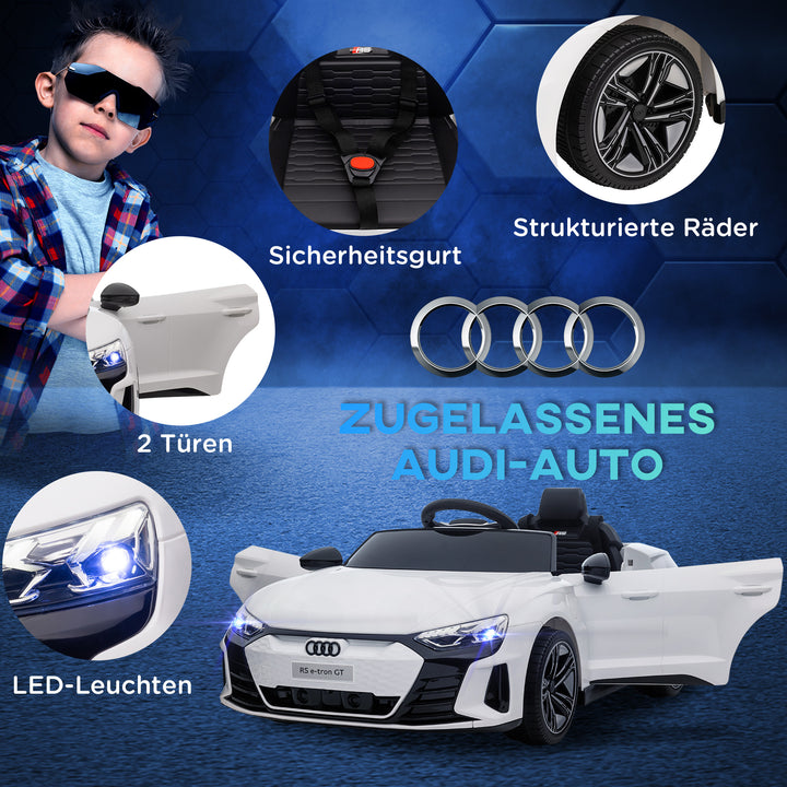Audi RS e-tron GT elbil til børn med sikkerhedssele, fjernbetjening, forlygter, musikfunktion, hvid, 103 x 58 x 41 cm