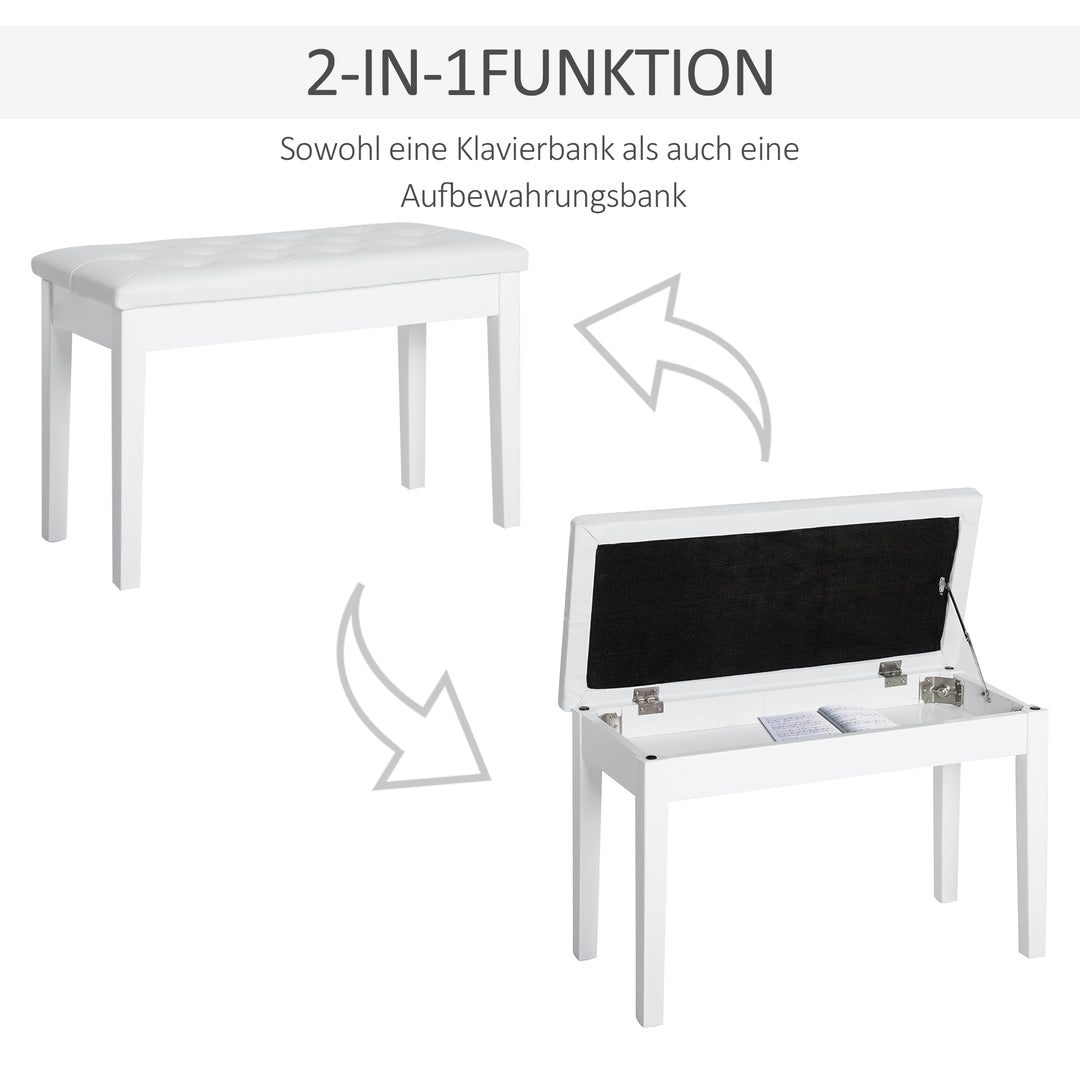 Klaverstol, klaverbænk med skjult opbevaring, klaverstol med kunstlæderhynde, klaverbænk, massivt træ keyboardbænk til klaver, keyboard, 76 x 36 x 50 cm, hvid
