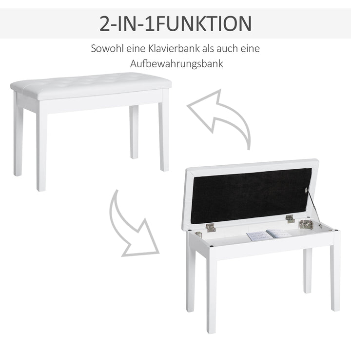 Klaverstol, klaverbænk med skjult opbevaring, klaverstol med kunstlæderhynde, klaverbænk, massivt træ keyboardbænk til klaver, keyboard, 76 x 36 x 50 cm, hvid