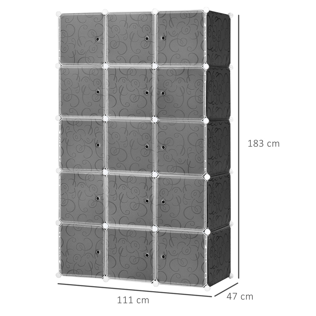 Kubegarderobe, 2 store og 9 små kuber, plastik, metal, 111l x 47b x 183h cm, sort+hvid