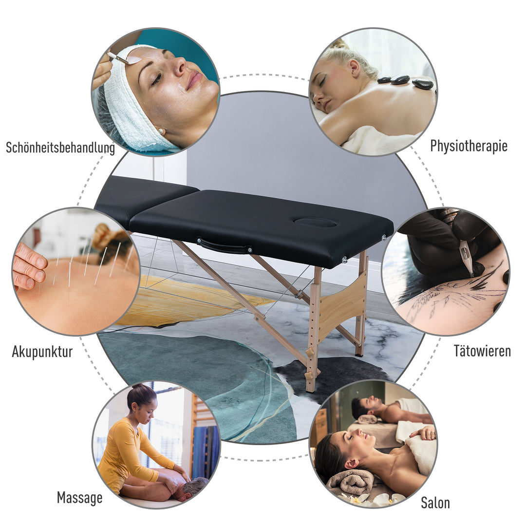3-zoners foldbar massagebriks med nakkestøtte, armlæn, bæretaske, træben, højdejusterbar, bærbar kosmetikseng til tatovering, spa, salon, sort