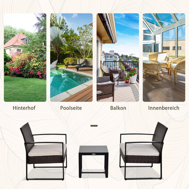 Havemøbelsæt i polyrattan til 2 personer med balkonmøbler og hynder, brun+creme