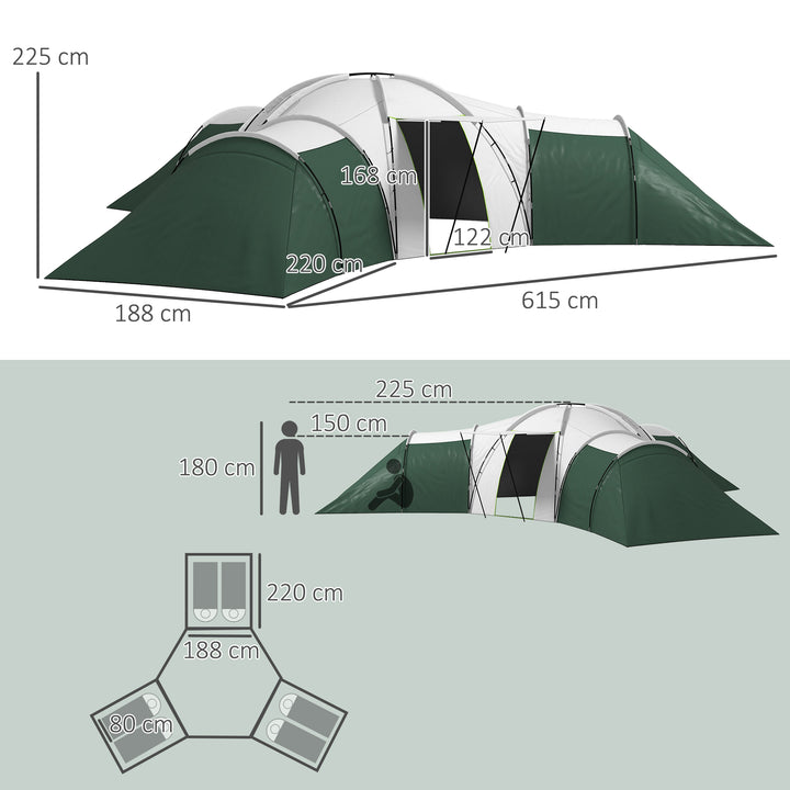 Campingtelt til 6-9 personer, 4 værelser, markise, vandtæt, 615 x 615 x 225 cm, grøn