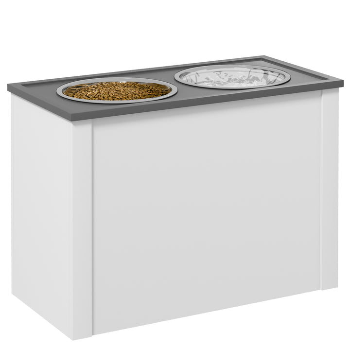 Foderstation hævede foderskåle 1 opbevaringsplads 2 foderskåle i rustfrit stål, 60 x 30 x 42 cm, hvid + grå