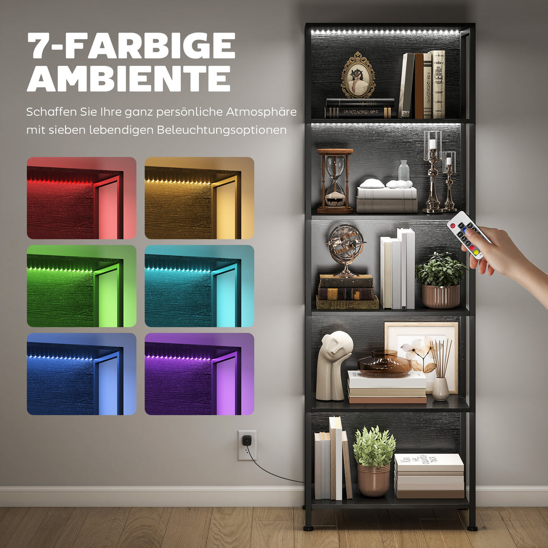 5-etagers bogreol med LED-belysning, 7 lysfarver, til stue, 60 x 30 x 179 cm, sort