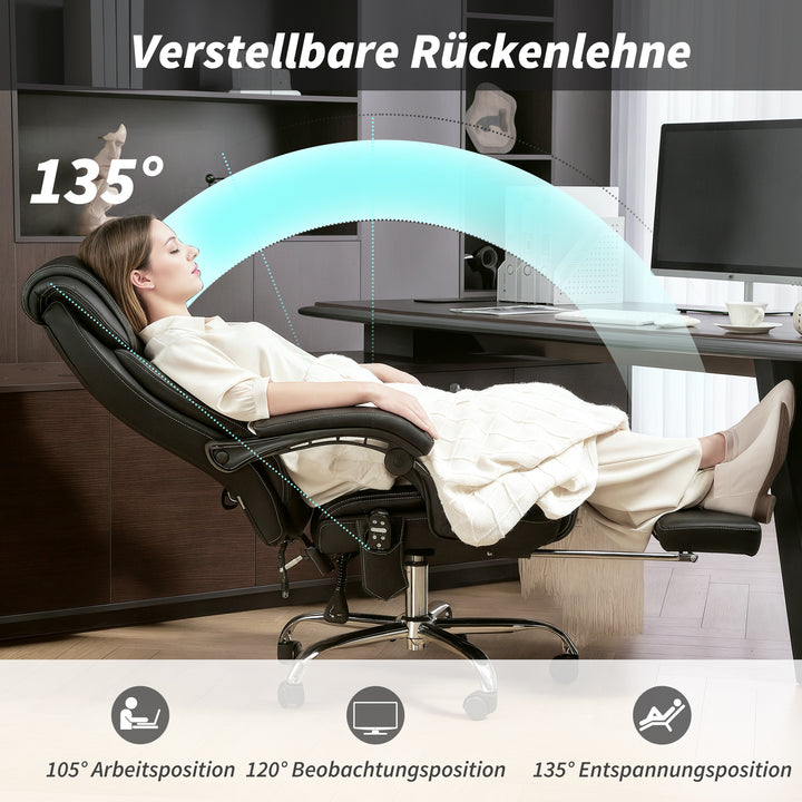 Ergonomisk kontorstol med massagefunktion, skrivebordsstol med fodstøtte, kunstlæder sort