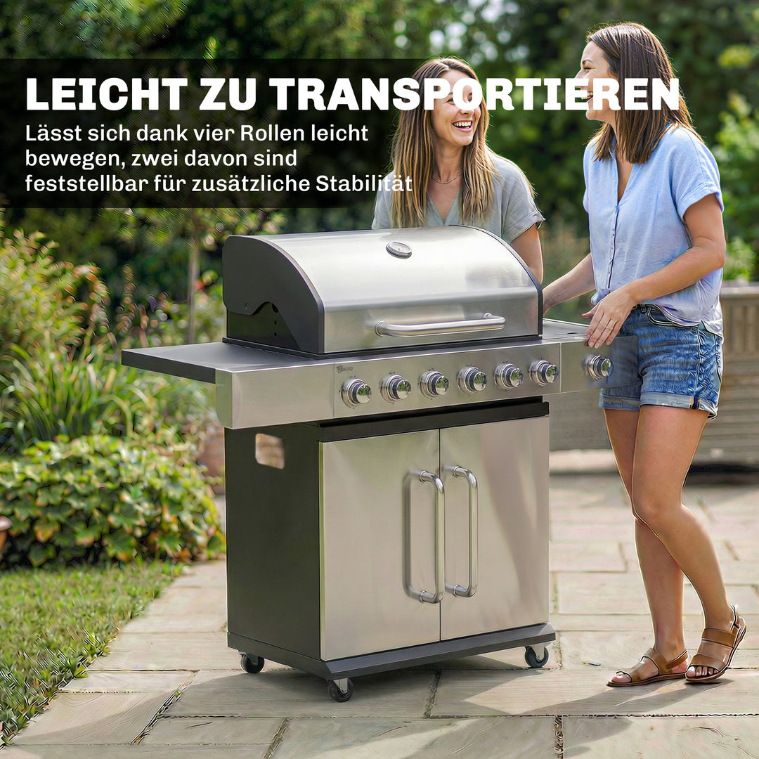 Gasgrill 18,6 KW 6+1 brænder BBQ grillvogn lavet af rustfrit stål inkl. hjul, termometer, varmerist, sidebord, underskab