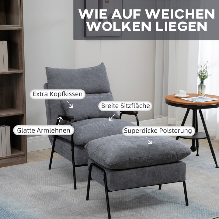 Lænestol med fodskammel, polstret lænestol, inklusive hynde, 68 cm x 91,5 cm x 88 cm, lysegrå