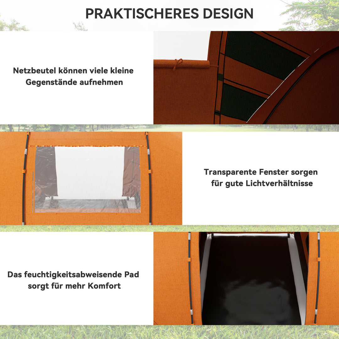Tunneltelt til 4-6 personer, campingtelt med dør, bund, 2000 mm vandtæt, orange