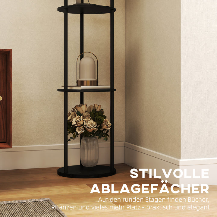 Gulvlampe med 3 hylder, rundt design, fjernbetjening, fodkontakt, justerbar lysvarme, til stue, sort