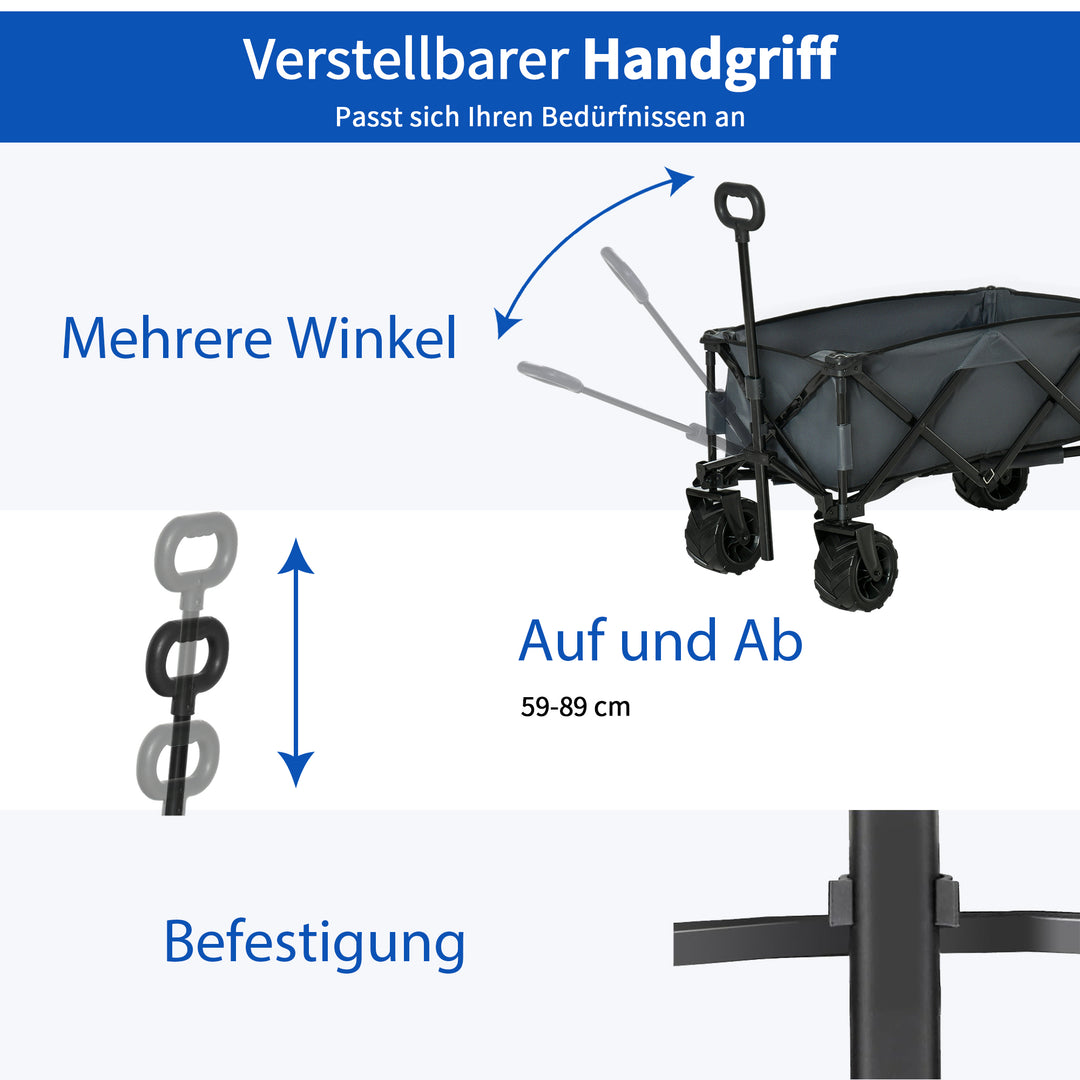 Sammenklappelig sækkevogn, 360° havevogn, transportvogn med teleskophåndtag, justerbar håndtagshøjde, strandvogn, op til 70 kg lasteevne, metal Oxford, mørkegrå, 108 x 55 x 59-89 cm
