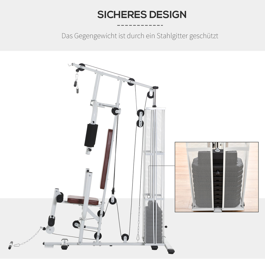 Fitnesscenter, multigym, fitnesscenter, fitnessudstyr inklusive vægte, lat pulldown, benbøjning, metal, PU-læder, hvid, 150 x 110 x 210 cm