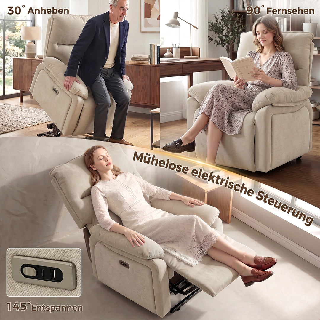 Lænestol med løftehjælp, vibrationsmassage, varme, cremehvid