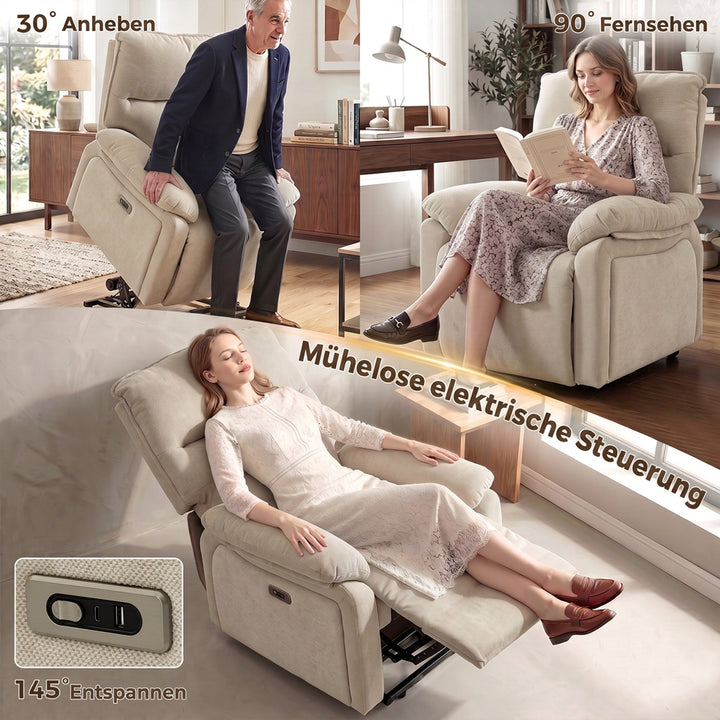 Lænestol med løftehjælp, vibrationsmassage, varme, cremehvid