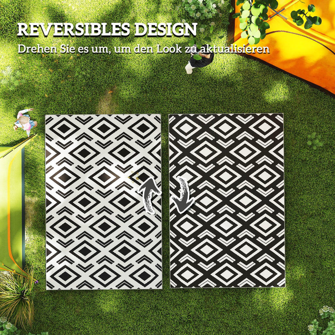 Udendørstæppe, robust, vejrbestandigt udendørstæppe med bærepose, foldbart, boho-stil tæppe 182 x 274 cm, sort og hvid