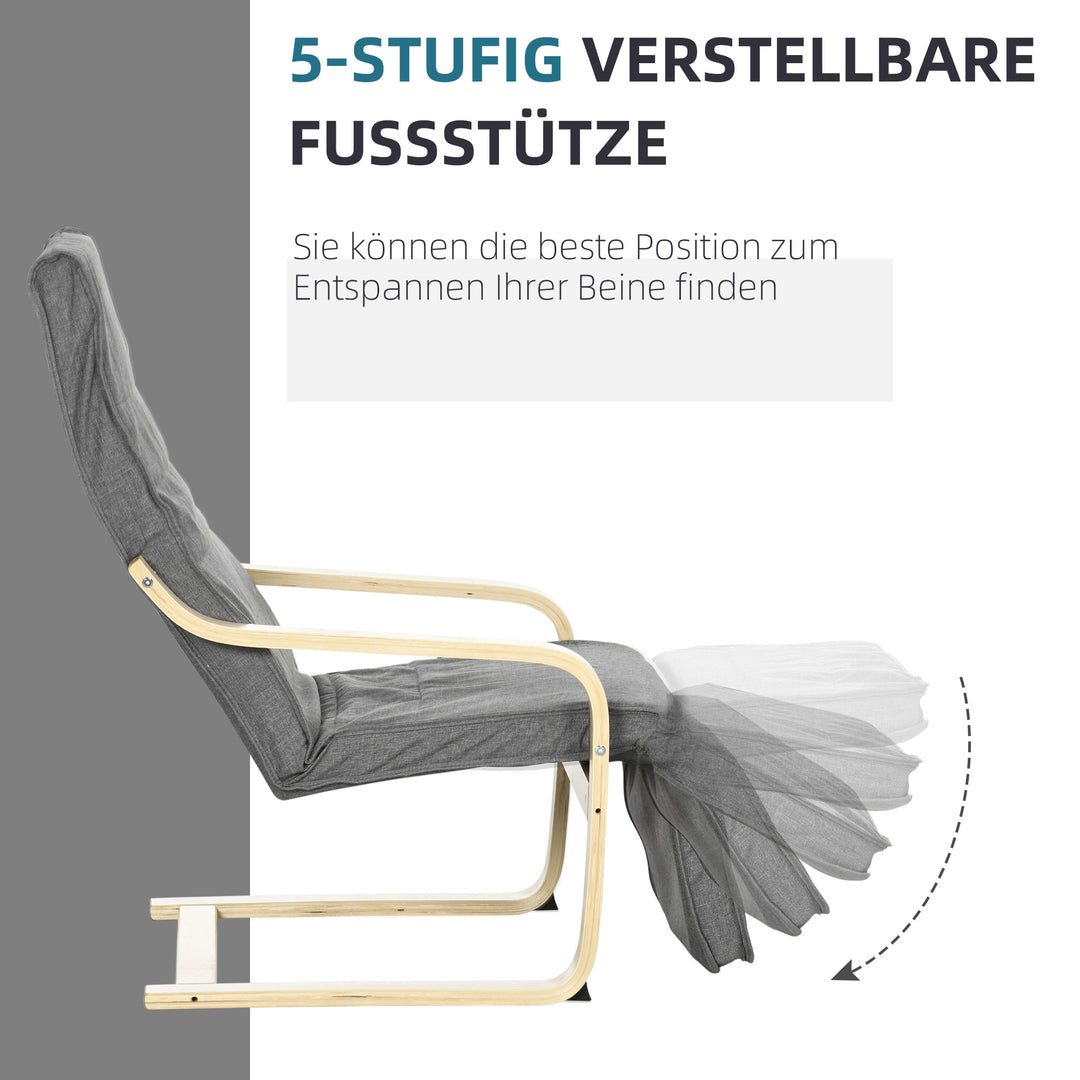 Accentstol, lænestol med justerbar fodstøtte, birketræsstel, op til 120 kg, 66,5 x 94 x 100 cm, grå