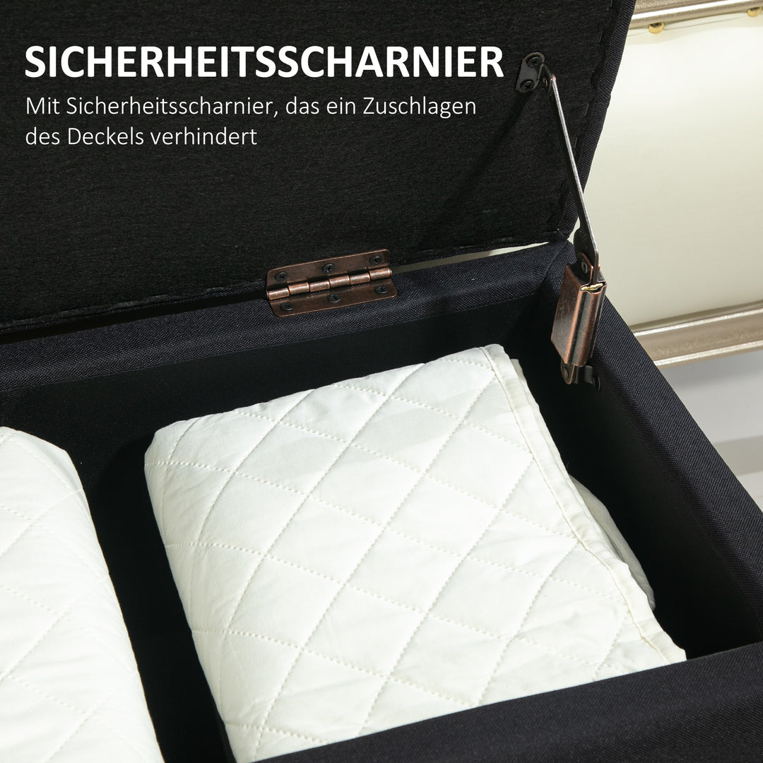 Opbevaringsbænk, kommodebænk, hørlignende polyester, gummitræ, sort, 100 x 40 x 44 cm