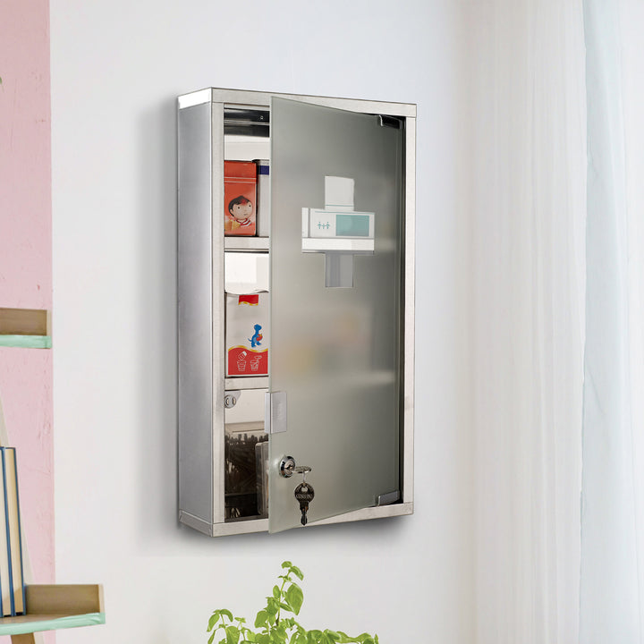 Medicinskab førstehjælpsskab med lås 3 rum rustfrit stål sølv 25 x 12 x 48 cm